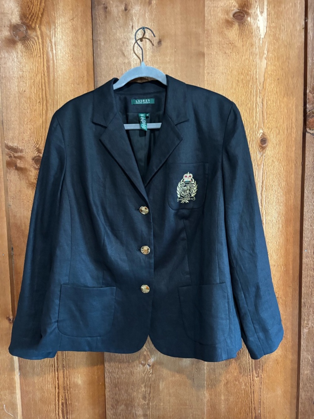 LRL 100% Linen Embroidered Crest Blazer Black Gold Buttons 16W Academia Preppy